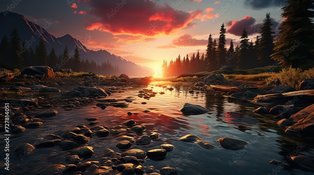 sunset over the river Ai generative HD 8K wallpaper Stock Photographic ...
