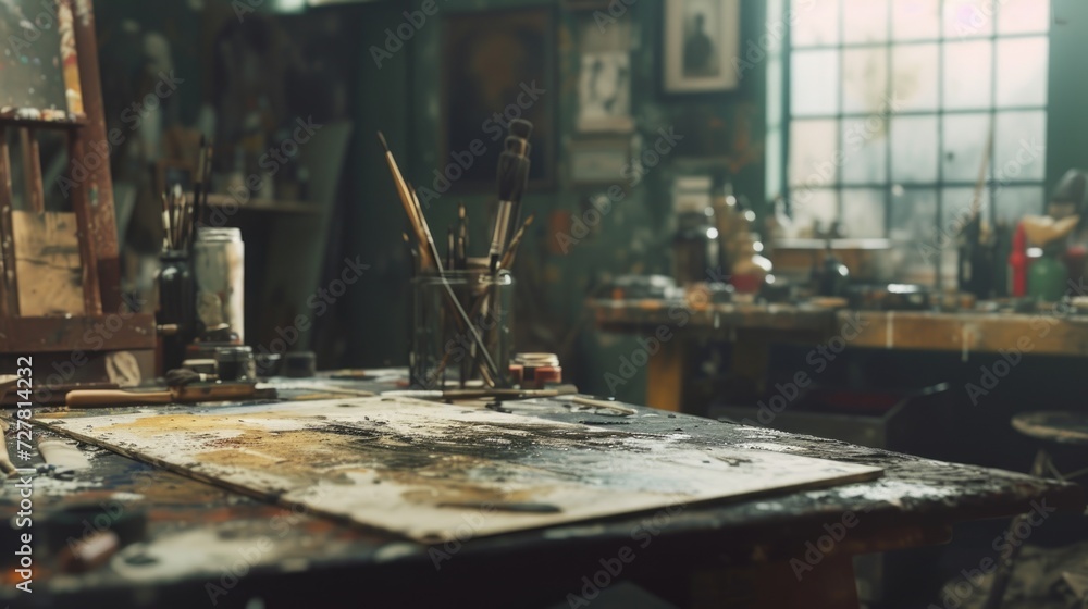A table with a collection of paint brushes. Ideal for artistic projects and creative endeavors A table with a collection of paint brushes. Ideal for artistic projects and creative endeavors