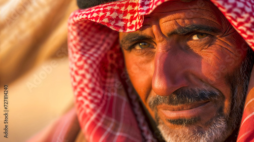 Close-up portrait of Arab man wearing traditional red and white keffiyeh, with intense gaze, in a desert setting.