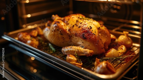 A delicious roasting chicken with crispy skin, served alongside golden potatoes and flavorful herbs. Perfect for a hearty family dinner or a festive holiday meal