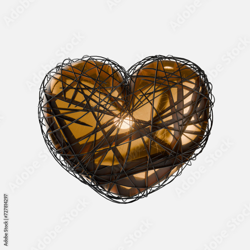 A gold heart wrapped with ribbons. 3d render. Element for valentine's day.