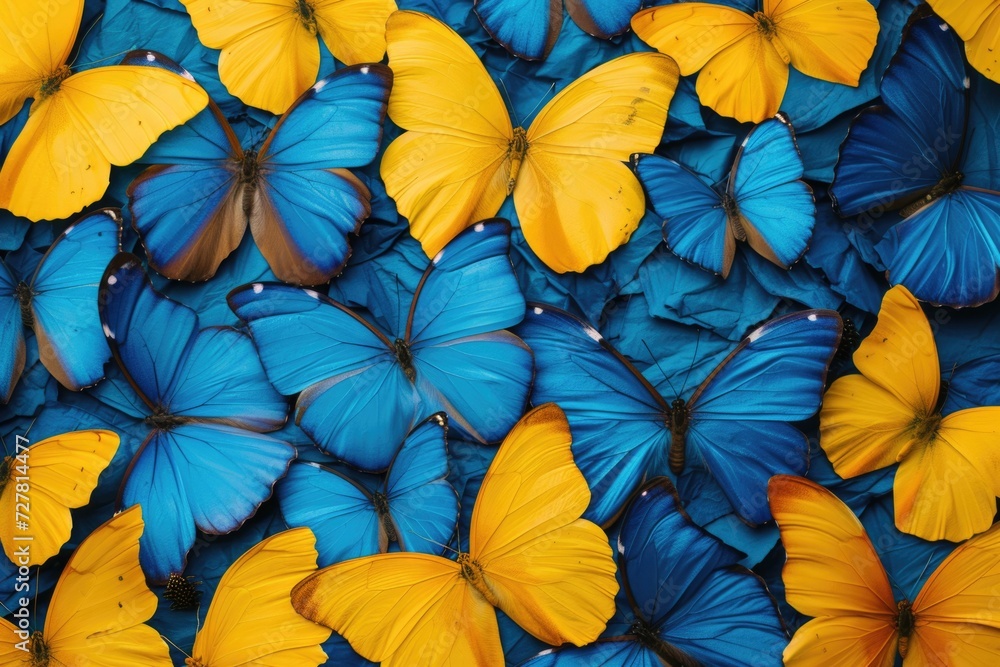 A collection of vibrant blue and yellow butterflies. Perfect for nature-themed designs and springtime projects