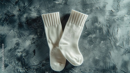A pair of white socks sitting on top of a table. Suitable for clothing advertisements or articles about fashion accessories