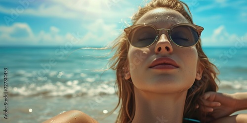 A woman wearing sunglasses on a beach near the ocean. Perfect for travel or summer-related projects