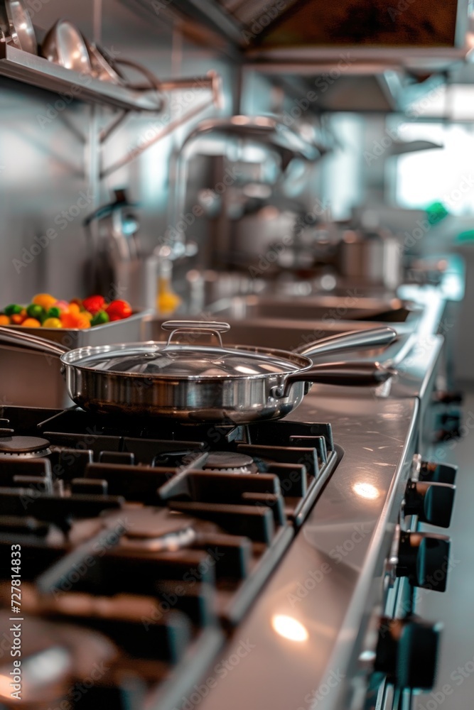 A kitchen filled with pots and pans on top of a stove. Suitable for cooking-related projects and culinary concepts A kitchen filled with pots and pans on top of a stove. Suitable for cooking-related projects and culinary concepts