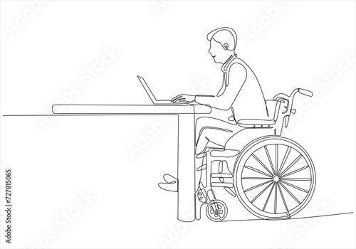Disabled person drawing single continuous line working on laptop. Wheelchairs, ideas, computers. Casual worker, disability. Online jobs and startups. Physical and social disabilities. One line drawi