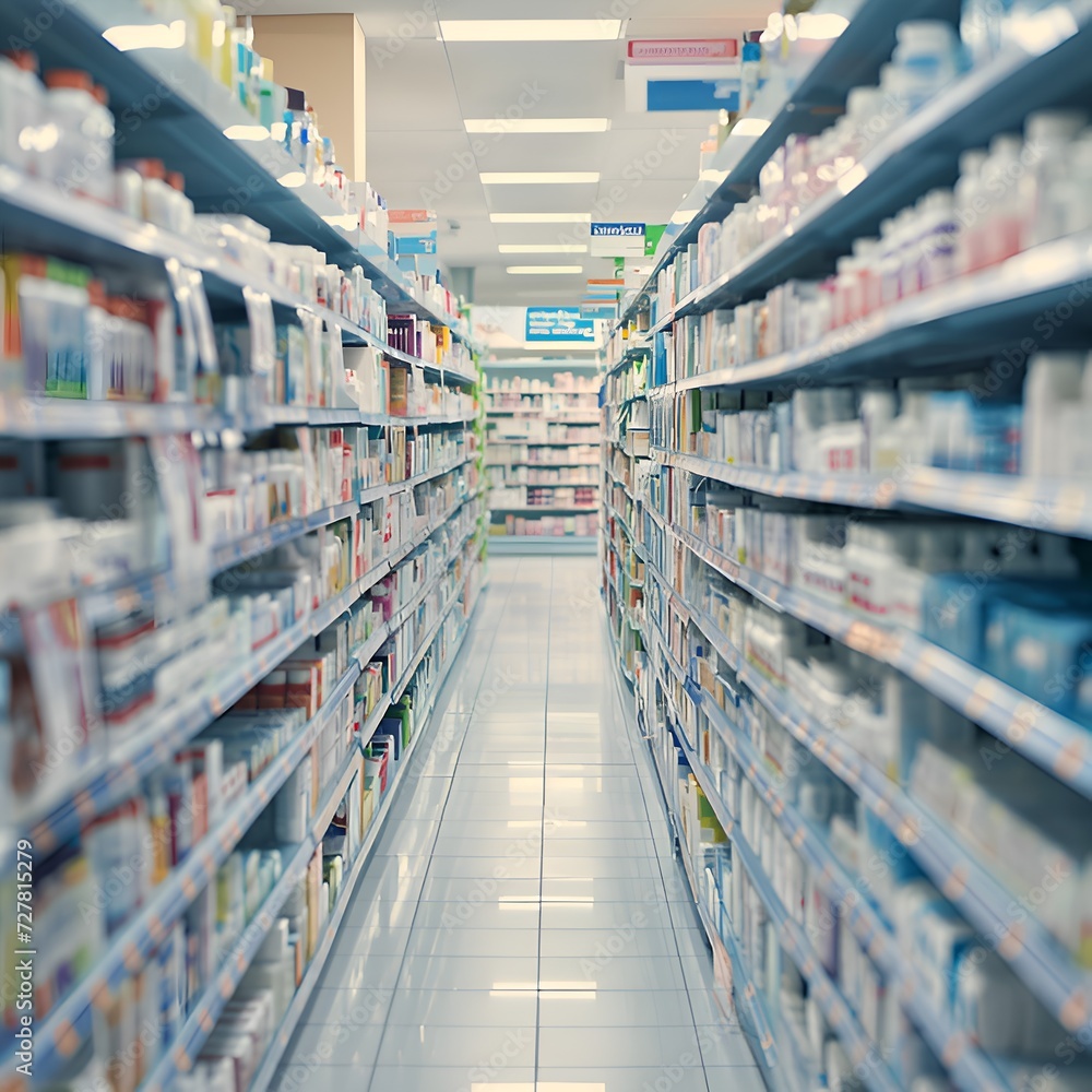 Drugstore shelves with pharmacy medicine and healthcare products in blur for background