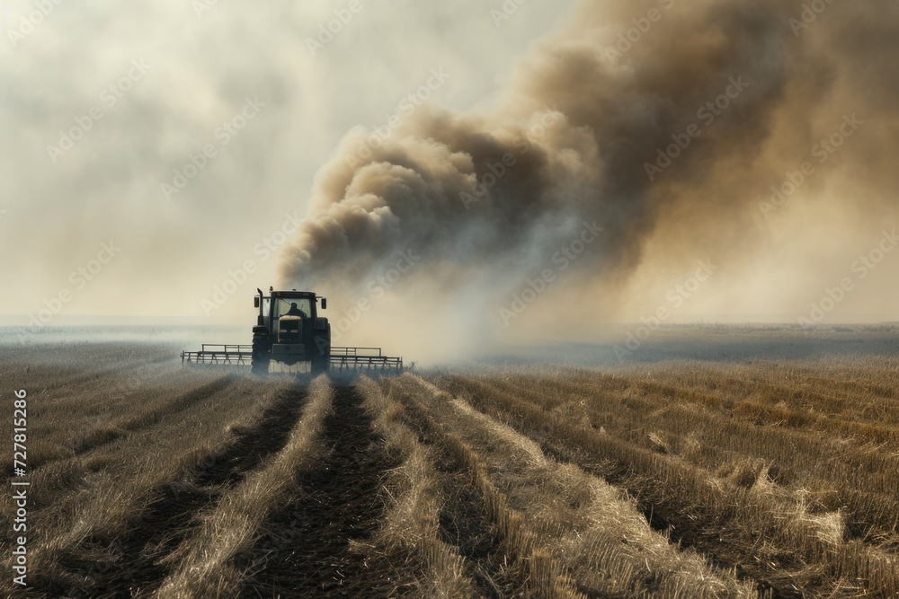 Fototapeta premium A tractor in a field emitting smoke. Suitable for illustrating mechanical issues or agricultural activities