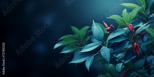 Tropical leaves on dark blue background. 3D illustration.