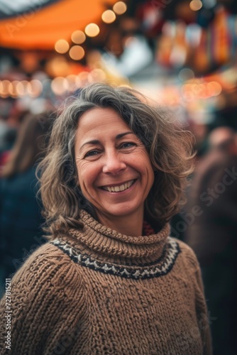 A woman wearing a sweater smiles at the camera. Versatile image suitable for various uses