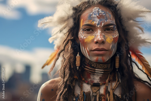 Native Warrior: Proud Indigenous Chief with Colorful Tribal Costume and Feathers, Celebrating American Indian Culture at a Carnival Dance in North America