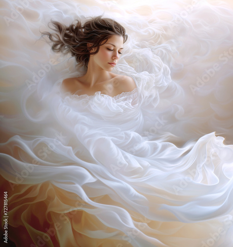  Ethereal beauty in repose. A woman draped in white lies in a dreamlike state, embodying peace and elegance