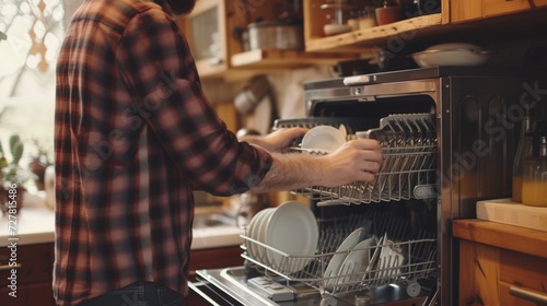 A man is seen putting dishes in a dishwasher in the kitchen. This image can be used to depict household chores or kitchen organization photo