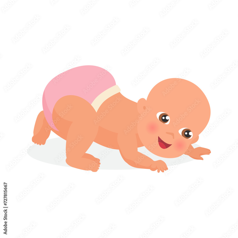 Newborn baby in pink diaper learning to crawl, training process vector illustration Newborn baby in pink diaper learning to crawl, training process vector illustration