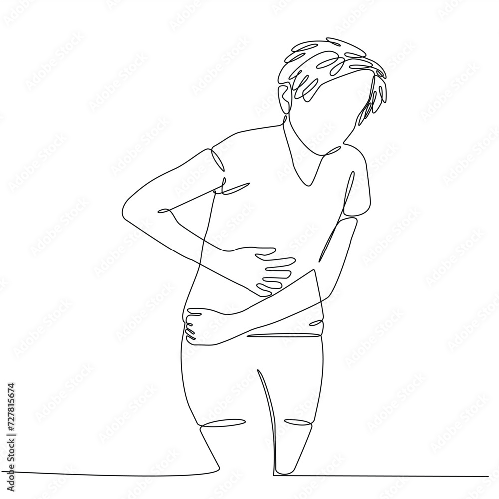continuous line drawing of young woman suffering from stomach ache on white background vector illustration