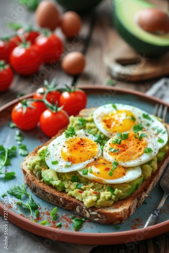 A delicious plate of food featuring eggs and avocado. Perfect for breakfast or brunch