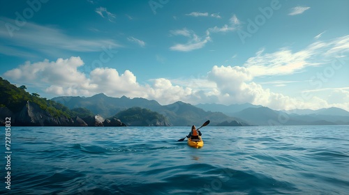 Man kayaking in the open sea with mountain landscape and blue sky. Adventure and travel concept.