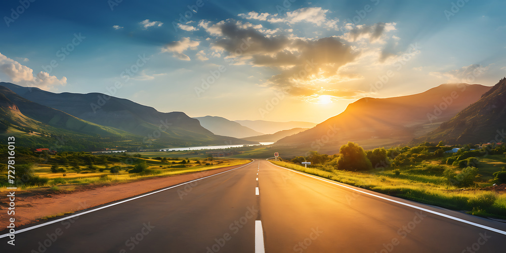 Asphalt road in the mountains at sunset. Beautiful nature landscape.