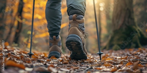 A person is depicted walking in the woods with a pair of hiking poles. This image can be used to illustrate outdoor activities and nature exploration