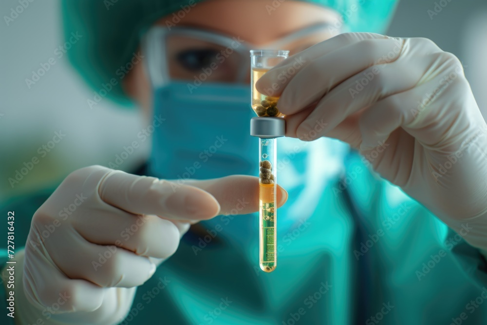 A person in a green uniform holding a test tube. Suitable for scientific and laboratory concepts A person in a green uniform holding a test tube. Suitable for scientific and laboratory concepts