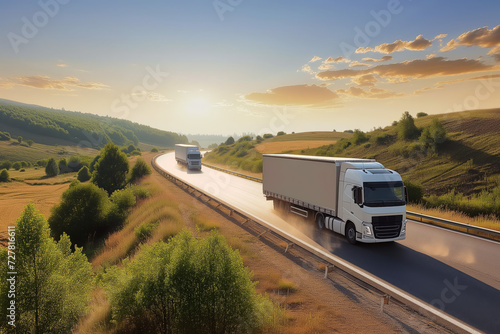 Cargo truck driving through landscape at sunset