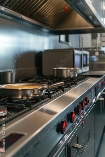 A professional-grade commercial kitchen featuring sleek stainless steel appliances. Perfect for restaurant owners and chefs.