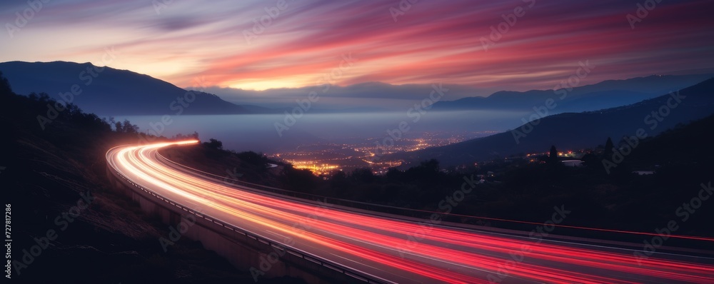 Obraz premium blurred traffic background banner at night with mountain view