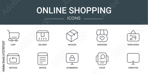 set of 10 outline web online shopping icons such as cart, delivery, package, subscribe, open hours, restock, invoice vector icons for report, presentation, diagram, web design, mobile app