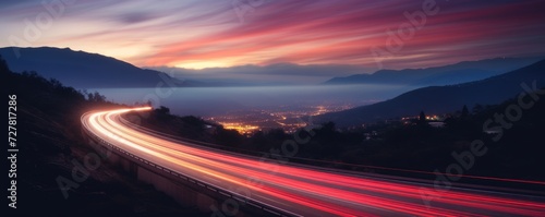 blurred traffic background banner at night with mountain view