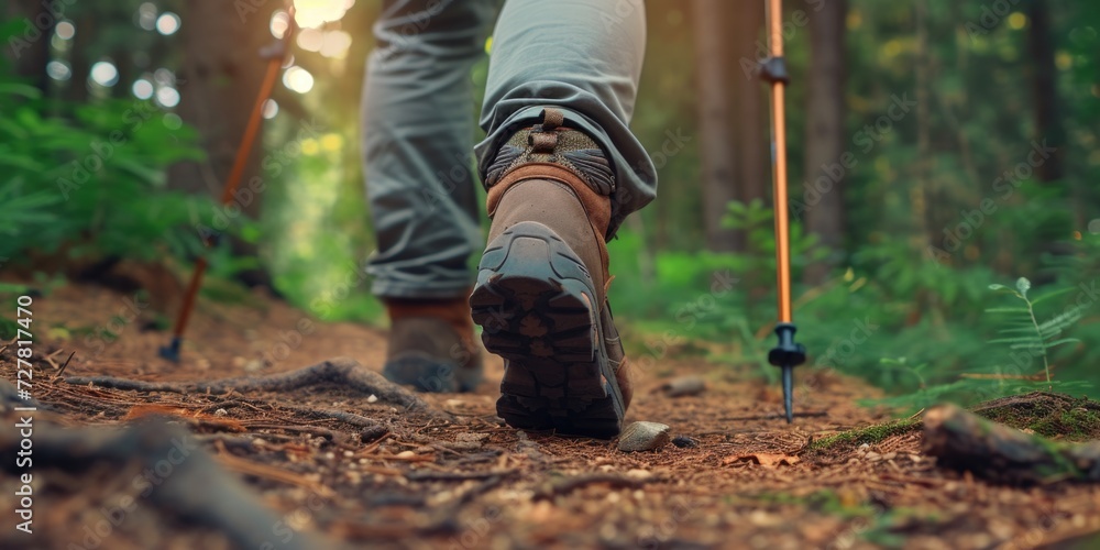 A person walking on a trail in the woods. Ideal for outdoor adventure and nature exploration themes A person walking on a trail in the woods. Ideal for outdoor adventure and nature exploration themes