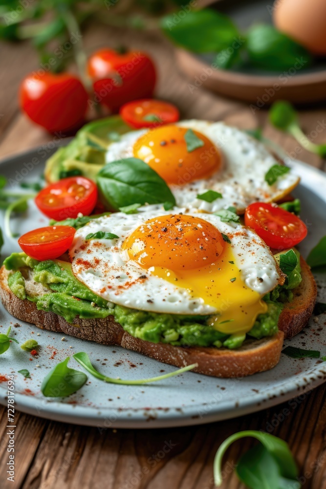A delicious breakfast plate featuring a perfectly cooked egg on top of a slice of avocado toast. This picture can be used to showcase a healthy and appetizing breakfast option A delicious breakfast plate featuring a perfectly cooked egg on top of a slice of avocado toast. This picture can be used to showcase a healthy and appetizing breakfast option