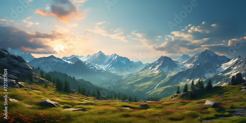 Beautiful mountain landscape with meadow and red flowers. 3d render