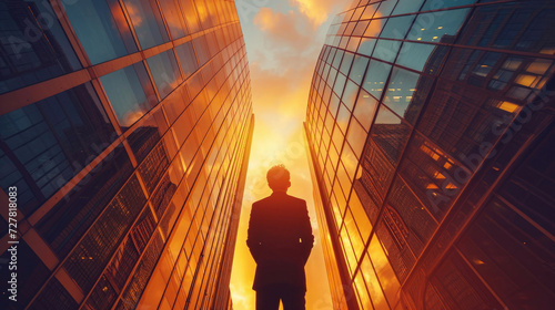 Businessman stands below and looks up at skyscrapers, city skyline, sunset shades. Success, business, investment concept.