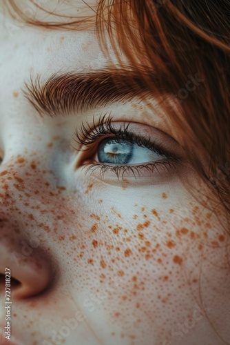 A close up image of a person with freckles on their face. This picture can be used for various purposes