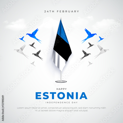 24th February - Happy Estonia Independence Day Social Media Post and Greeting Card. Independence Day of Estonia Celebration and Background with Text and Origami Birds Vector Illustration