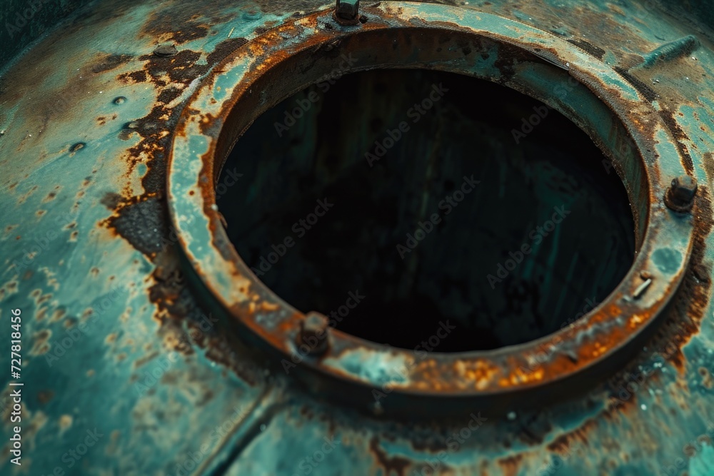 A rusted metal container with a hole. Can be used to symbolize decay or as an industrial background