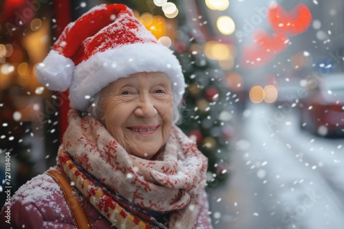 An older woman is pictured wearing a festive Santa hat and scarf. This image can be used to depict the holiday season and the joy of Christmas