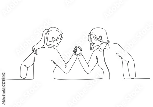 a continuous line of wrestling two attractive young women. Hand drawn vector illustration