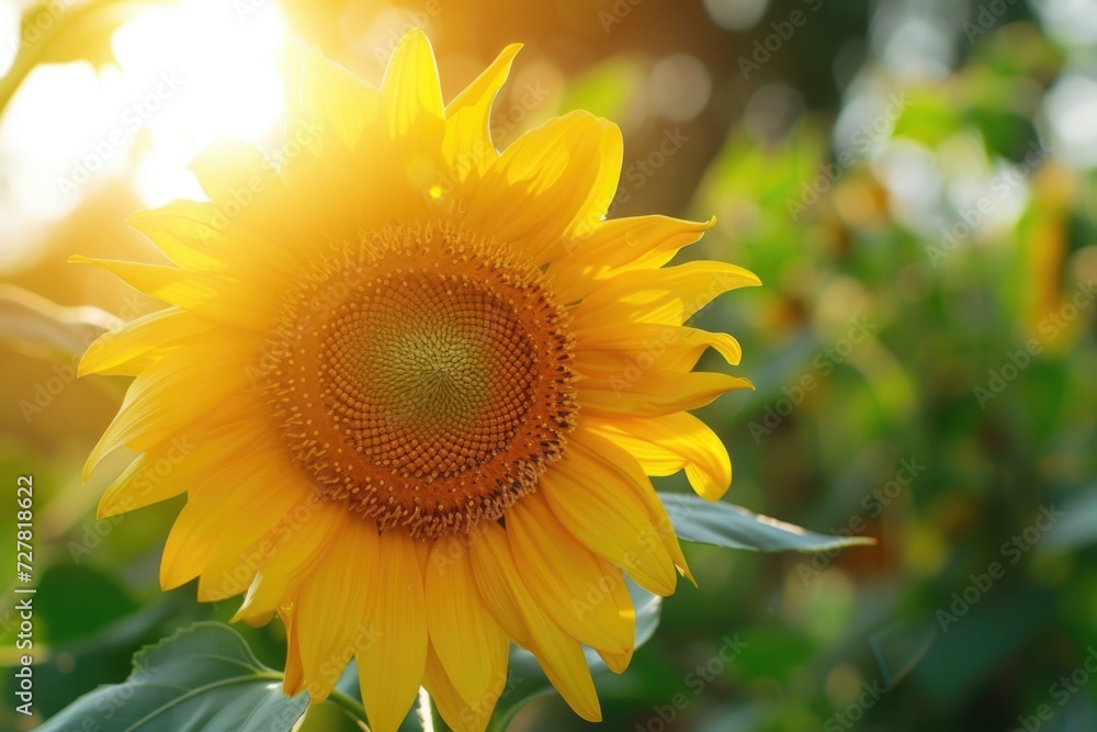 Fototapeta premium A vibrant sunflower with the sun shining behind it. Perfect for nature and summer-themed designs