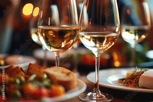 Two glasses of white wine sitting next to a plate of food. Perfect for illustrating wine and food pairing