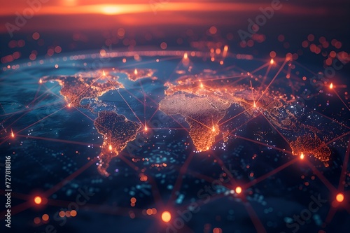 Intricate Global Network Visualization with Glowing Orange Circuit Board