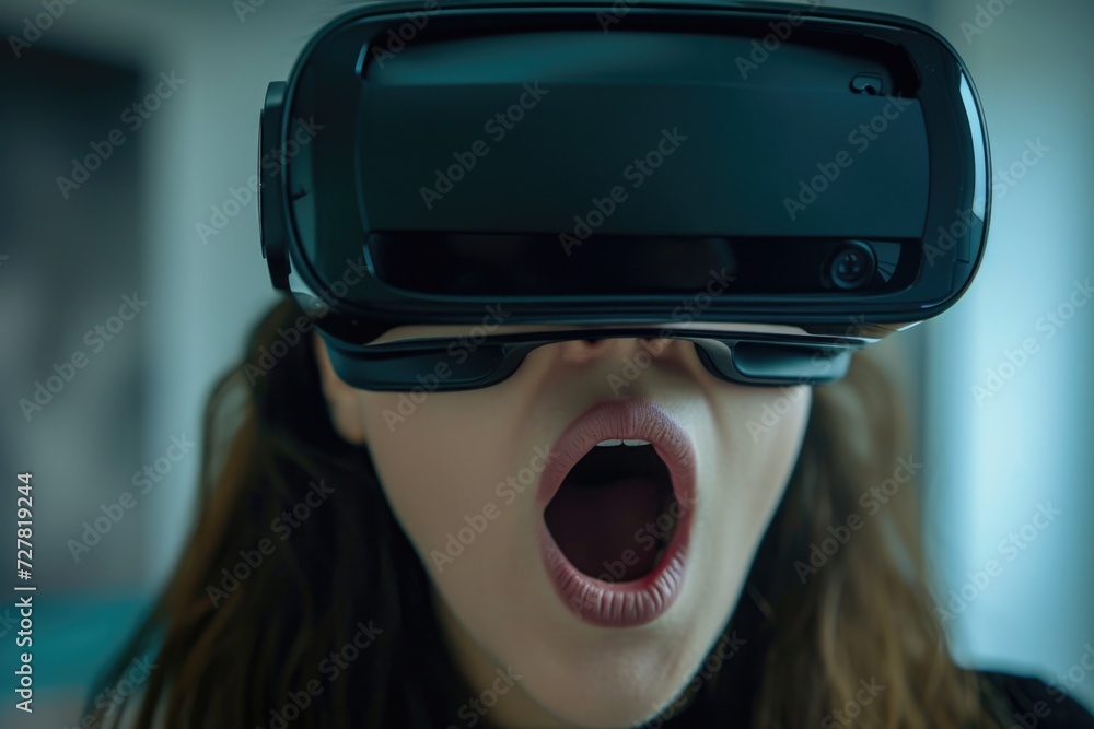 A woman wearing a virtual reality headset with her mouth open. This image can be used to depict the experience of using virtual reality technology A woman wearing a virtual reality headset with her mouth open. This image can be used to depict the experience of using virtual reality technology