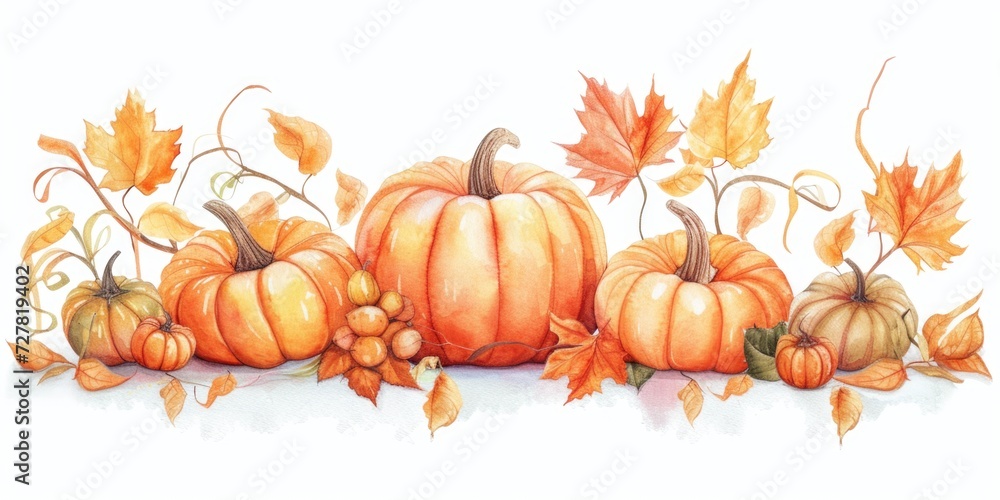 A painting depicting a group of pumpkins surrounded by colorful autumn leaves. Perfect for autumn-themed designs and seasonal decorations A painting depicting a group of pumpkins surrounded by colorful autumn leaves. Perfect for autumn-themed designs and seasonal decorations