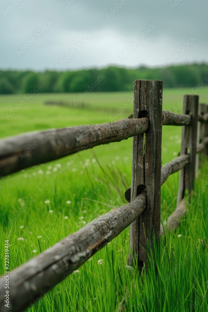A simple wooden fence standing in the middle of a beautiful grassy field. Perfect for depicting rural landscapes and nature scenes A simple wooden fence standing in the middle of a beautiful grassy field. Perfect for depicting rural landscapes and nature scenes