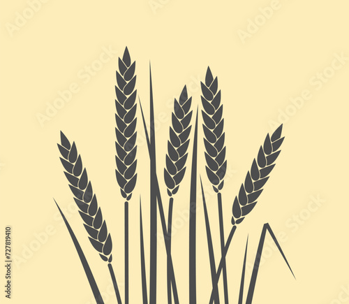 Wheat. Black silhouettes of ripe spikelets and dry leaves isolated on a yellow background. Symbol of fertility, symbol of wealth, symbol of life. Stylized vector illustration.