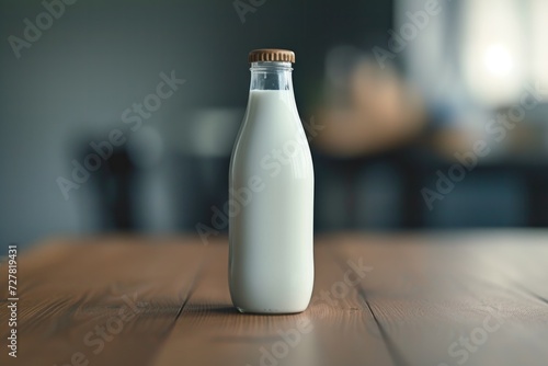 A bottle of milk sits on a wooden table. Suitable for food and beverage concepts photo