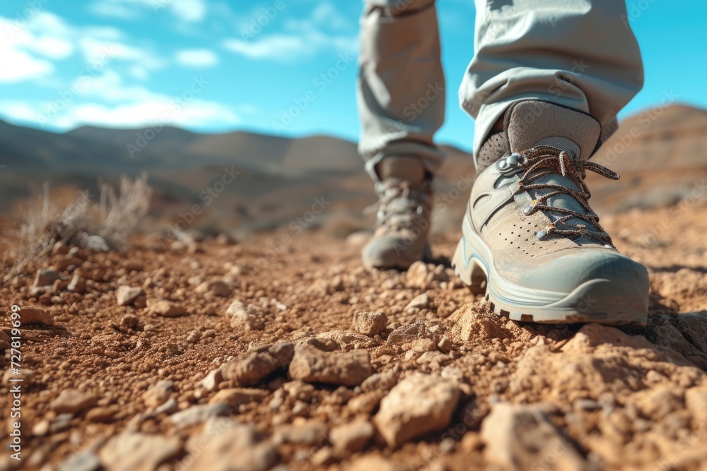 A detailed view of a person wearing hiking shoes. Ideal for outdoor and adventure-related content