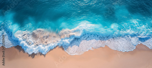 Turquoise Beach Paradise with Abstract Snowflake Background, top view