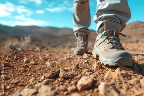 A detailed view of a person wearing hiking shoes. Ideal for outdoor and adventure-related content