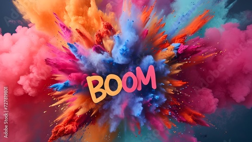 Colorful dust with text BOOM. An explosion of particles of bright colors. Colored background with lots of dust of different colors, explosion of colors.